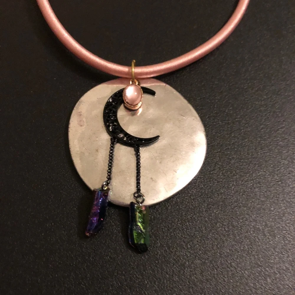Handcrafted Moon & Faux Crystal Pendant Necklace in Pink